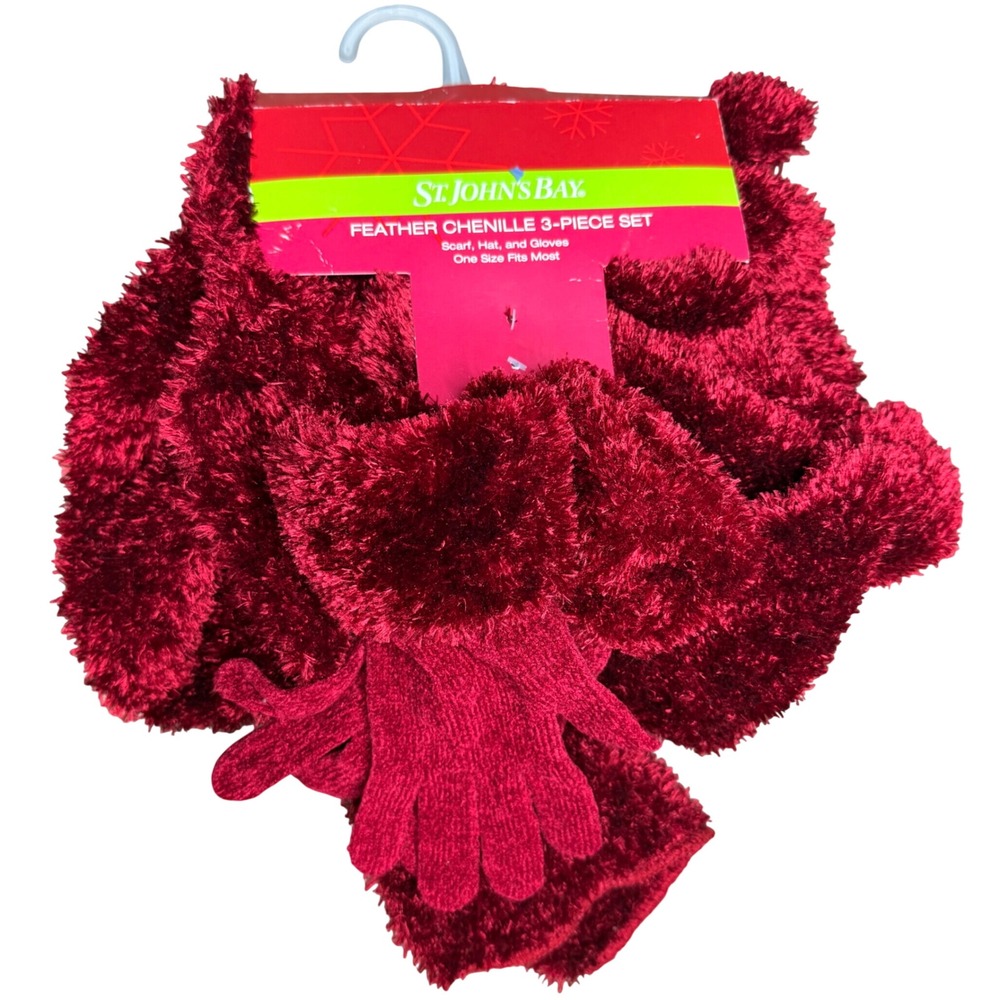 St. John's Bay 3-Piece Scarf Hat Gloves Set Women OS Red Feather Chenille Winter
